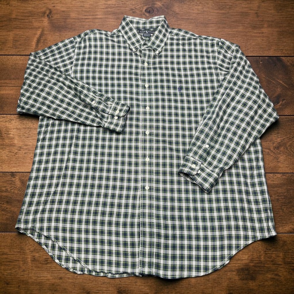 Vintage Polo Ralph Lauren Yarmouth Green Plaid Button Shirt Mens 17.5 34/35 2XL